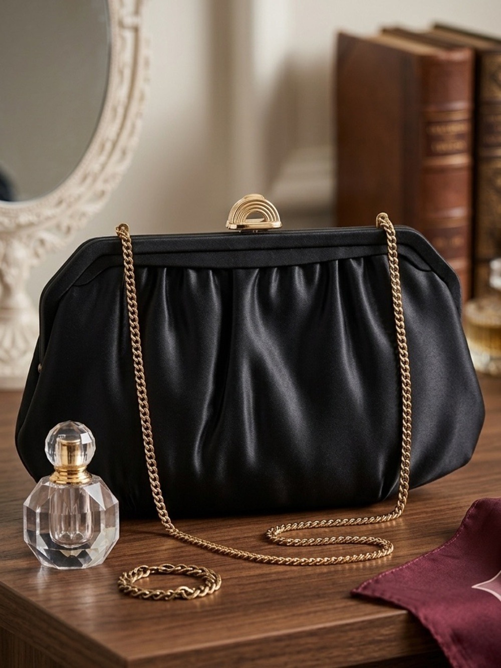 Vintage Black Satin  Mardane Md USA Purse Evening Bag Chain Strap & mirror